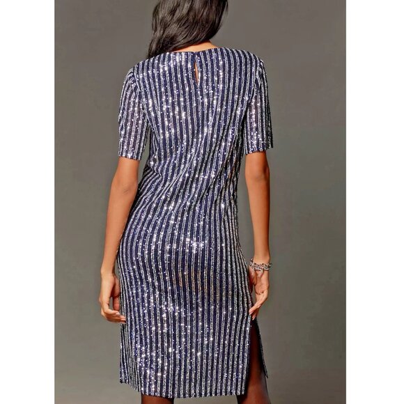 Anthropologie Flat White Short-Sleeve Sequin Stripe Midi Dress Navy S - Picture 3 of 11